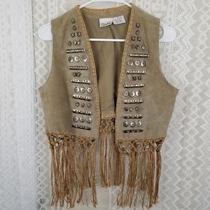 Styleworks Vintage Woven Fringe Leather Boho Vest